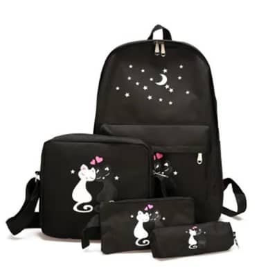 4 piece nylon backpack set with cat moon design