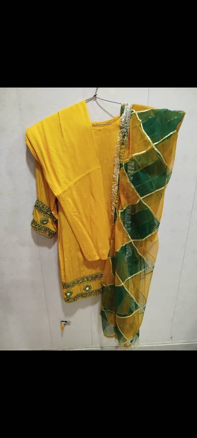 Linen Mehndi dress with Net dupatta