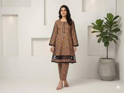 Pakistani printed kurta pajama set brown pretterned
