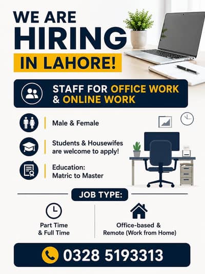 We are hiring in Lahore male or female