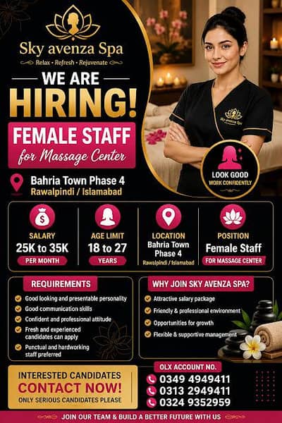 Female spa salon staff Required Islamabad & Rawalpindi