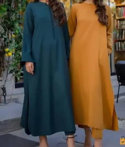 2-Piece Stitched Abaya Style Kurti Set - Teal & Mustard