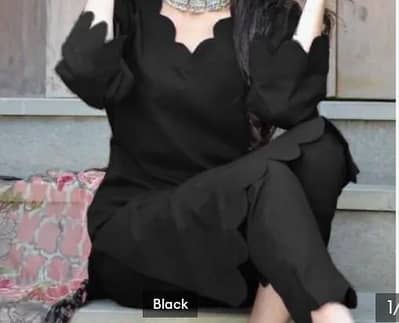 Black Scallop Cut 2-Piece Kurti Set | Stitched | S-M-L
