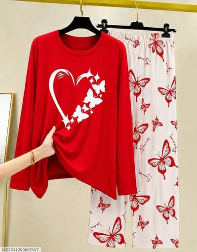 Women Printed Night Suit Red  Butterfly Cotton Jersey. 2pc