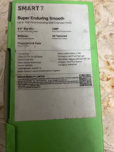 Infinix Smart 7 PTA Approved with box Box whatsaap number 03144086070