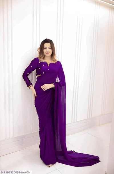 PURPLE EMBROIDERED SAREE WITH 7 YARDS STITCH