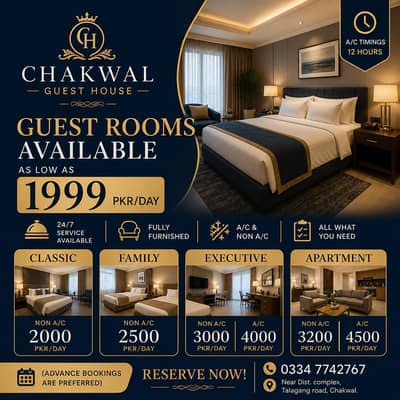 2 Beds stylish rooms chakwal |  parking, geysers, heaters, security |