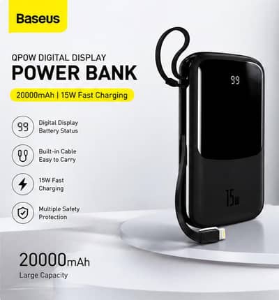 Baseus Qpow 20000mAh 15W Fast Charging Power Bank With Built-in Cable