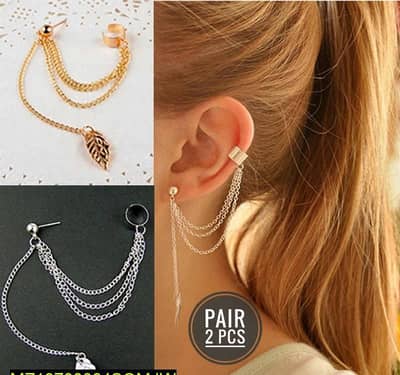 Gold Silver Leaf Chain Ear Cuff Earrings Pair 2PCS