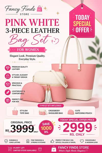 Pink White 3-piece Leather Bag Set For women