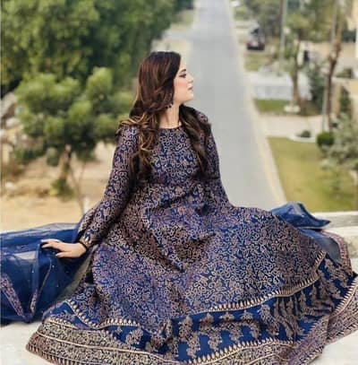3-Piece Katan Silk Suit Blue Steam Print Eid Wedding