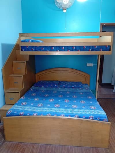 wooden bed with bunk bed n storage stairs