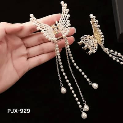 Butterfly Hair Claw with Zircon & Pearl Tassels Silver Gold