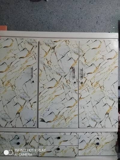 3 Door Formica Wardrobe with Drawers & Wheels