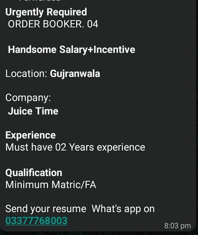 Order Takers Required For Juice Time Company In Gujranwala