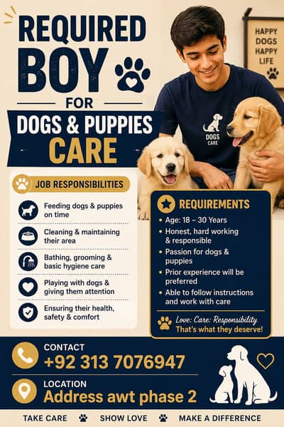 requaird boy for dogs & puppies care |Must have valid cnic | job offer