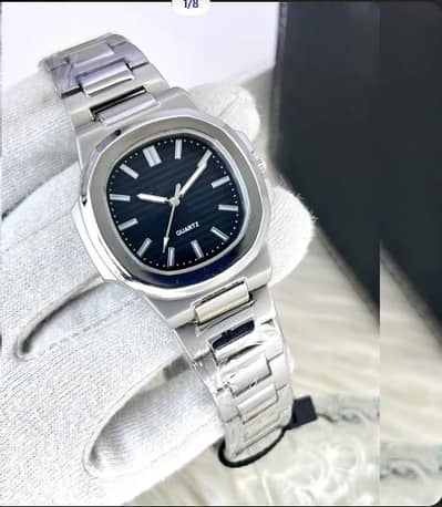 Men Square Watch Black Dial Silver Steel Chain Strap
