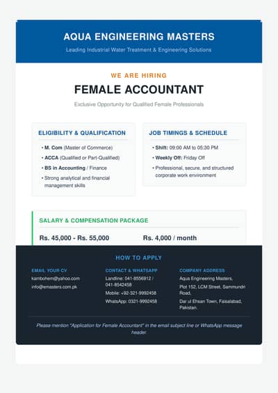 Job Opportunity – Female Accountant