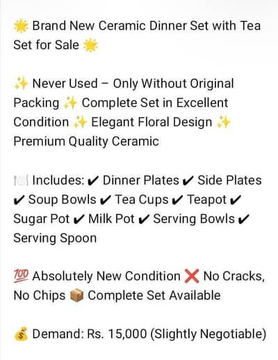 Ceramic dinner set along with tea set for sale