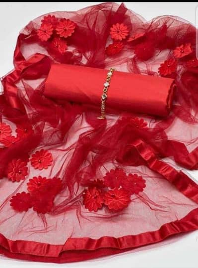 Red katan silk unstitched suit with floral net dupatta