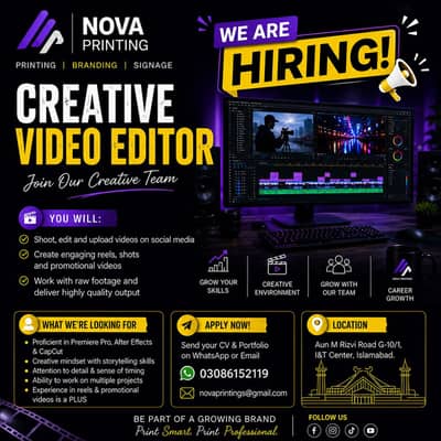 Video Editor || Male & Female Jobs (Office work) Islamabad Jobs