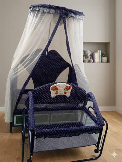 Ad Title: 3-in-1 Luxury Baby Cot & Playpen with Storage (Navy Blue)