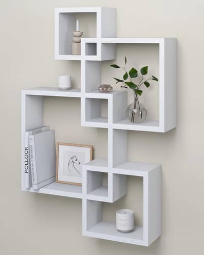White wall shelving