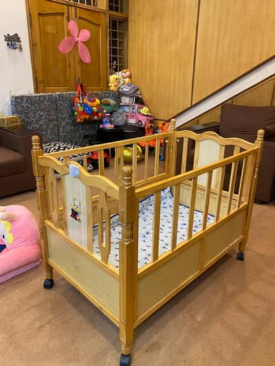 Wooden Baby Crib with Storage & Wheels - 9/10 Condition