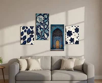 Blue Floral Wall Art Set 4 Pcs Double Tape