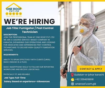 Fumigator / Pest Control  Technician Required in Karachi