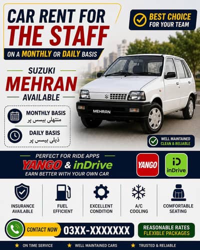Suzuki mehran model 2001 available on monthly or daily basis