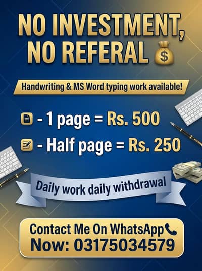 NO INVESTMENT//ASSIGNMENT WRITING WORK//MS WORD TYPING WORK