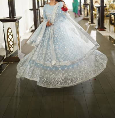 3 pcs mirror work ice blue maxi
