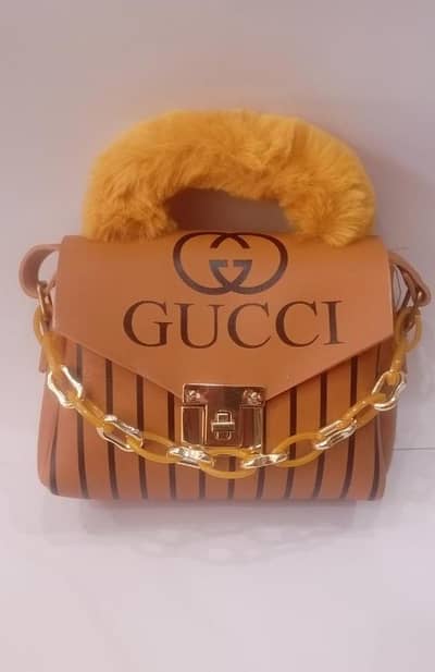 Mustard Printed Furry Handle Handbag for Women