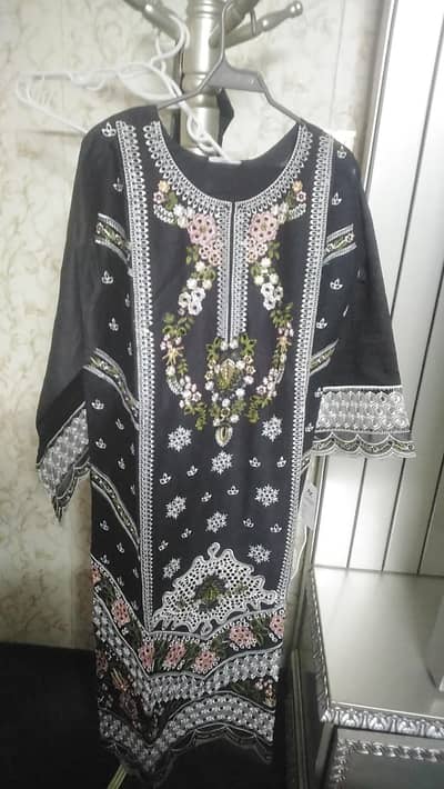 embroided long shirt with plain trouser and printed dupata stuff lawn