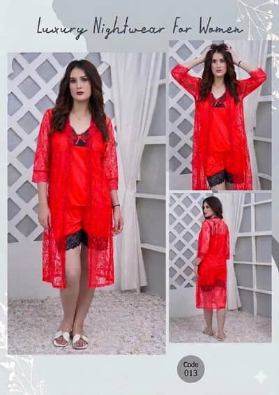 *Product Name*: 3 Pcs Women's Stitched Silk Lace-Work Night Suit