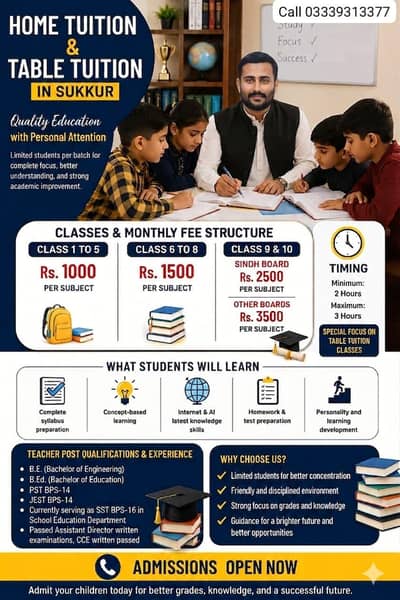 Sukkur Me Home & Table Tuition – Admissions Open!