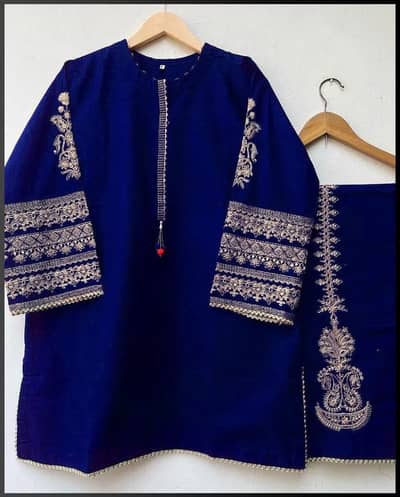 Blue embroidered 2pice silk dress