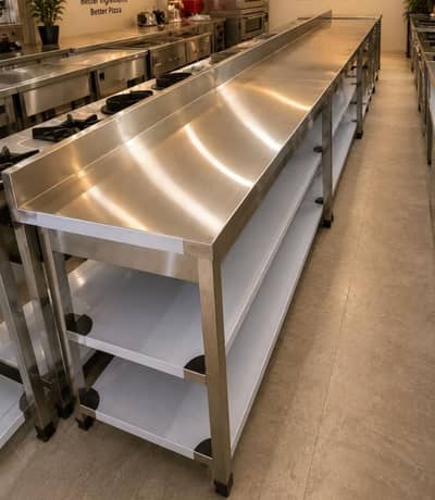 working table, pizza oven, fryer, dough mixer, delivery bag, hot plate