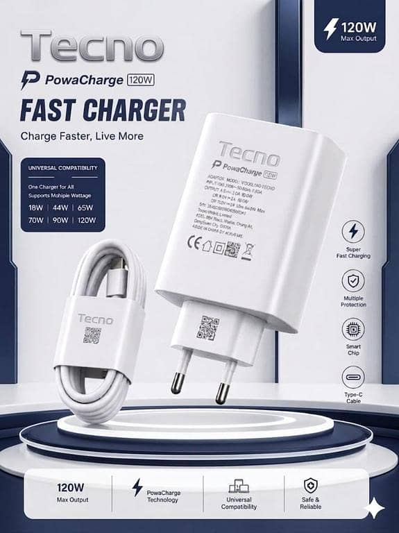 Original TECNO 120W Super Fast Charger Adapter with Type-C Cable | Genuine Premium Flash Charging for all Tecno Type-C Models (POVA, Camon, Spark Series) | 120Watt Ultra Rapid Wall Charger