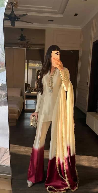 Elegant Cream & Maroon Silk Suit with Lace Work - 3 Piece