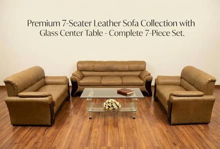 Premium 7-Seater Leather Sofa Set with Designer Glass Center Table