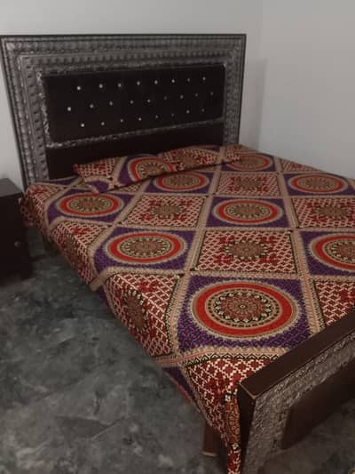 Bed with 2 side tables and mattress. 3 windows Almari . Dressing