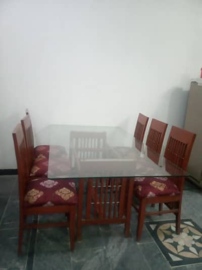 Wooden Dining Table with Glass and 6 wooden Chairs