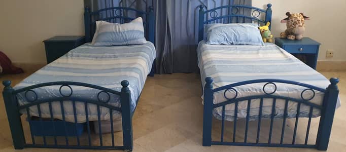 Kids Bed Set - Twin Single Bed - 2 Side Table - Blue  - Used