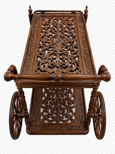Hand-Carved Wooden Serving Trolley | Solid Wood | Like New