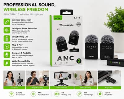 BX-18 | Lavaliere Collar Wireless ANC Mic for Vlogging and Interviews