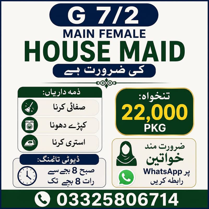 گھریلو کام کاج کےلئے فی میل کی ضرورت ہے 0