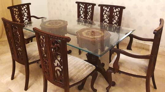 Glass Top Dining Table - Sheesham Wood - Used