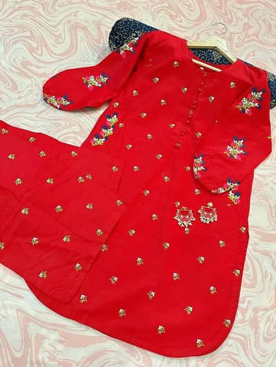 Red Embroidered kurta 2Pcs front buttons Emb Flapper